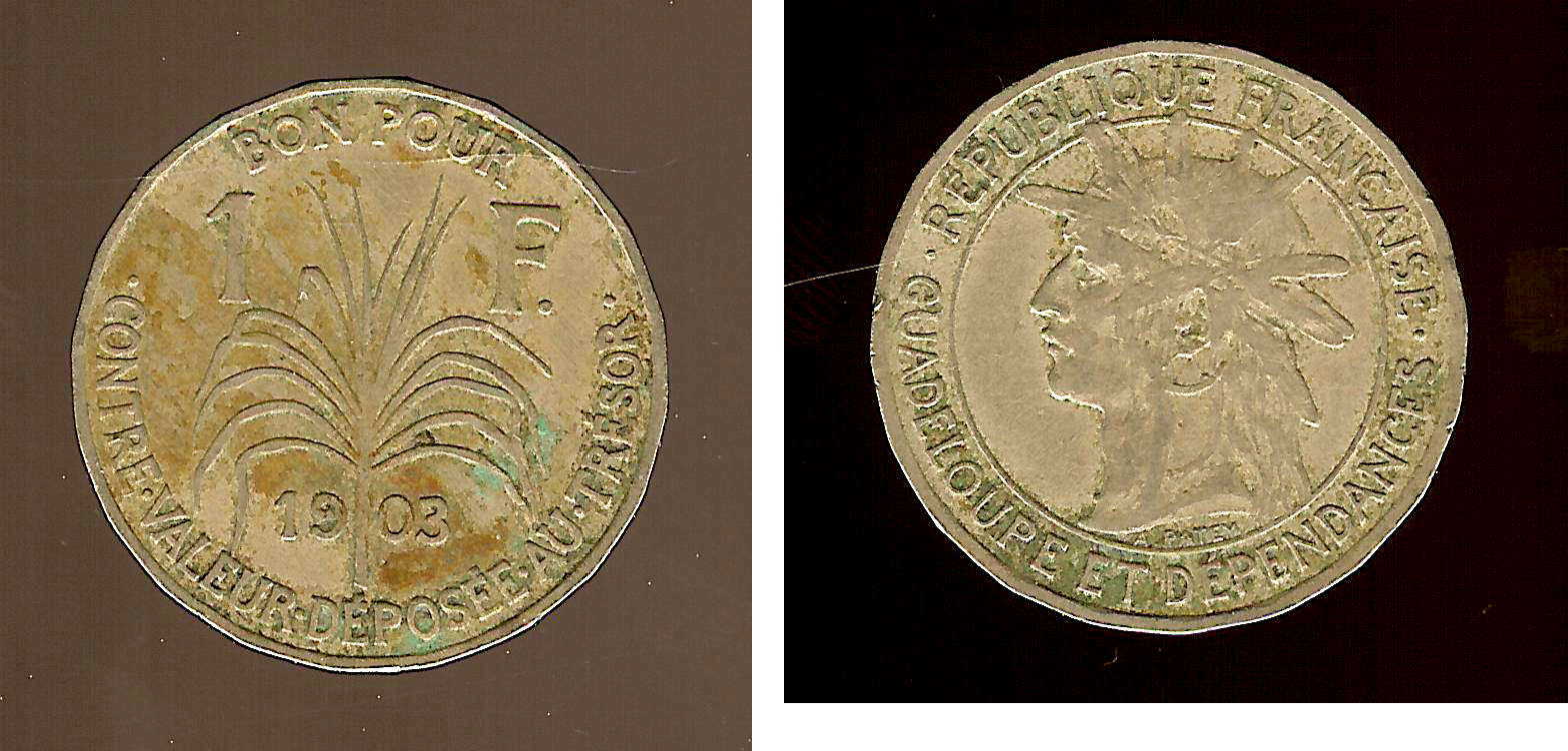 GUADELOUPE Bon pour 1 Franc indien caraïbe / canne à sucre 1903